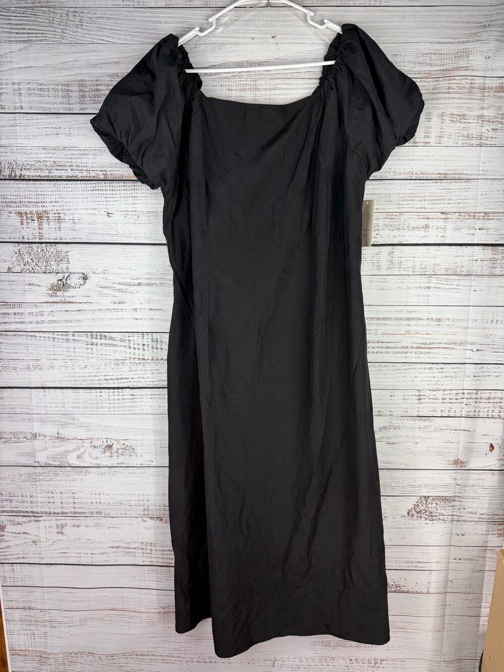A New Day Black Midi Dress Puff Sleeve Smocking Neutral NEW XXL Pockets Boho